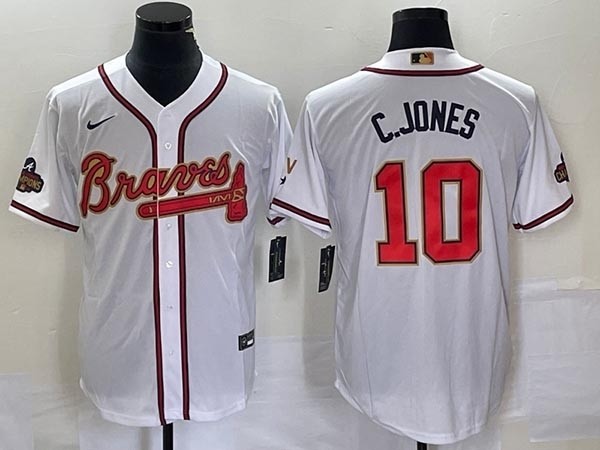 Men's Atlanta Braves #10 Chipper Jones 2022 White Gold World Series Champions Program Cool Base Stitched Jersey