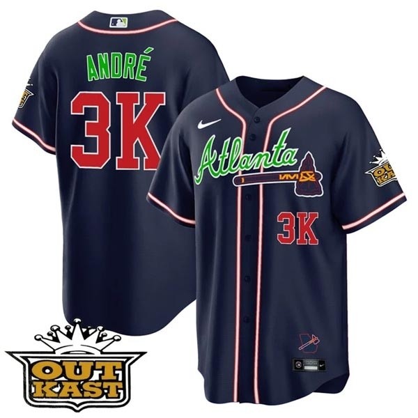 MEN'S ATLANTA BRAVES OUTKAST 3K Andre Navy COOL BASE JERSEY -ALL STITCHED