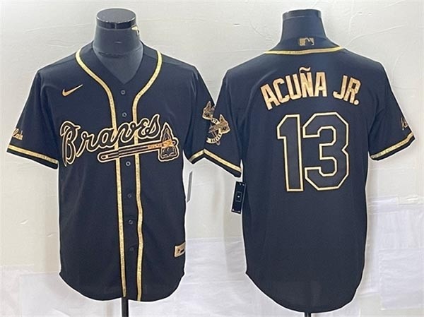 Men's Atlanta Braves #13 Ronald Acuna Jr. Black Gold Cool Base Stitched Baseball Jersey