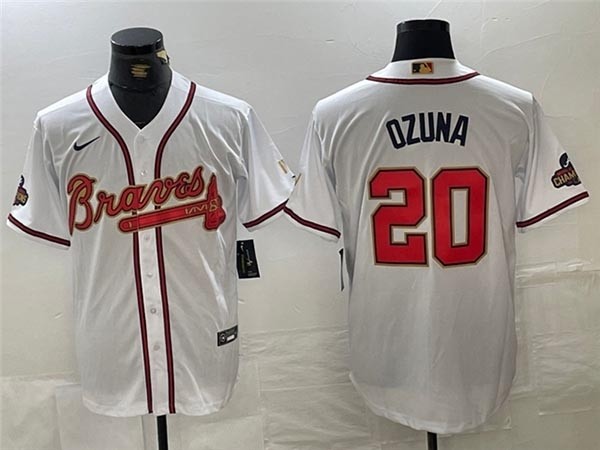 Men's Atlanta Braves #20 Marcell Ozuna White 2022 Gold Program Cool Base Jersey