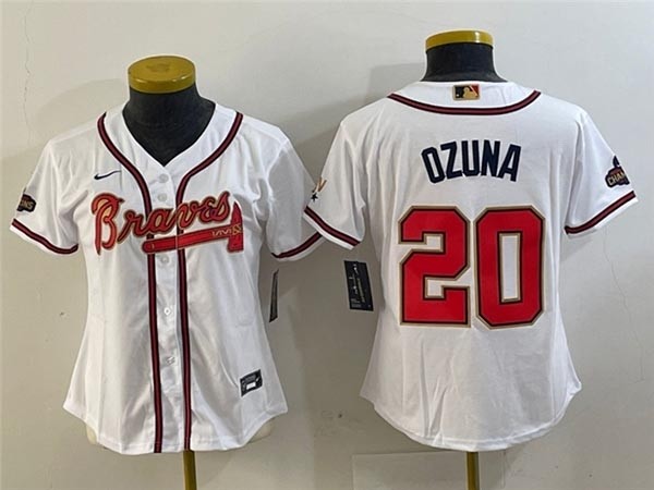 Women's Atlanta Braves #20 Marcell Ozuna White 2022 Gold Program Cool Base Jersey