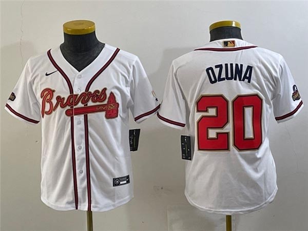 Youth Atlanta Braves #20 Marcell Ozuna White 2022 Gold Program Cool Base Jersey