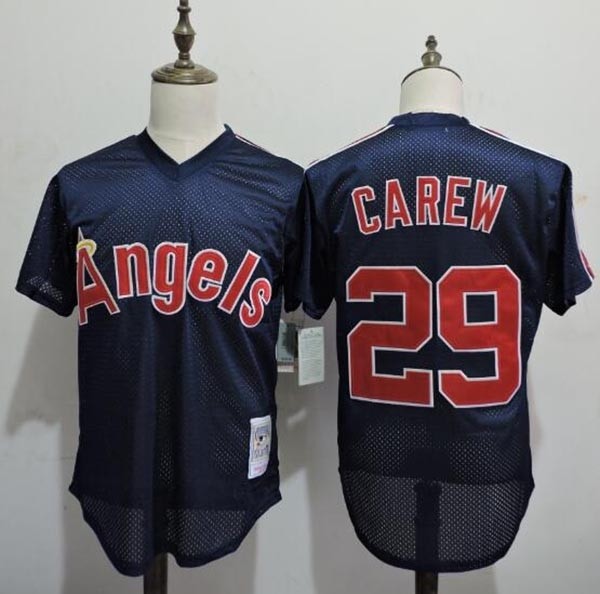 Men's Los Angeles Angels  #29 Rod Carew Navy throwback Mesh Fabric Jersey