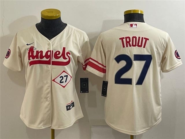 Women's Los Angeles Angels #27 Mike Trout Cream 2022 City Connect with front Number Cool Base Jersey