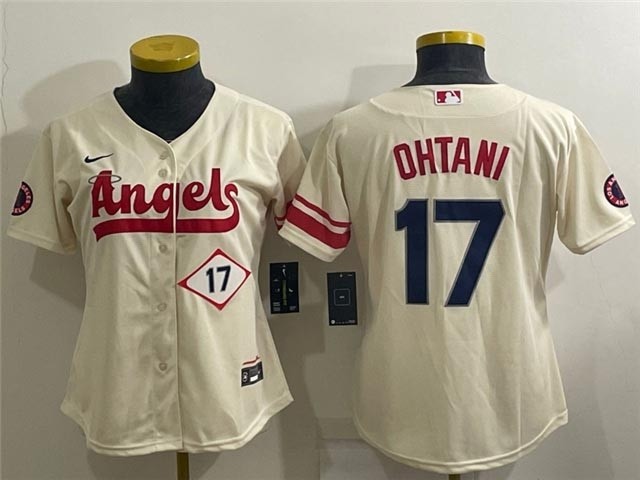 Women's Los Angeles Angels #17 Shohei Ohtani Cream 2022 City Connect with front Number Cool Base Jersey