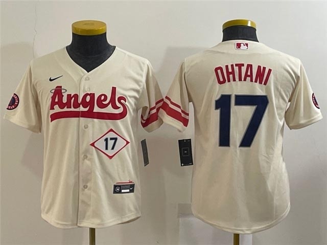 Youth Los Angeles Angels #17 Shohei Ohtani Cream 2022 City Connect with front Number Cool Base Jersey