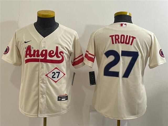 Youth Los Angeles Angels #27 Mike Trout Cream 2022 City Connect with front Number Cool Base Jersey