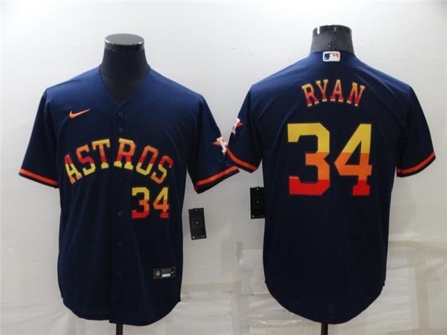 Houston Astros #34 Nolan Ryan Navy-Rainbow with front Number Cool Base Jersey