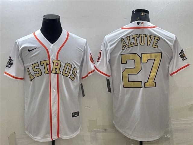 Men's Houston Astros #27 Jose Altuve White Gold Program Cool Base Jersey