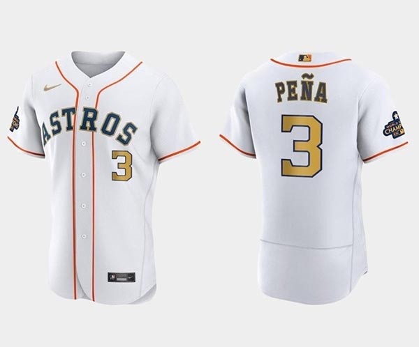 Men's Houston Astros #3 Jeremy Pena White 2023 Gold Collection With World Serise Champions Patch Stitched Baseball Jersey