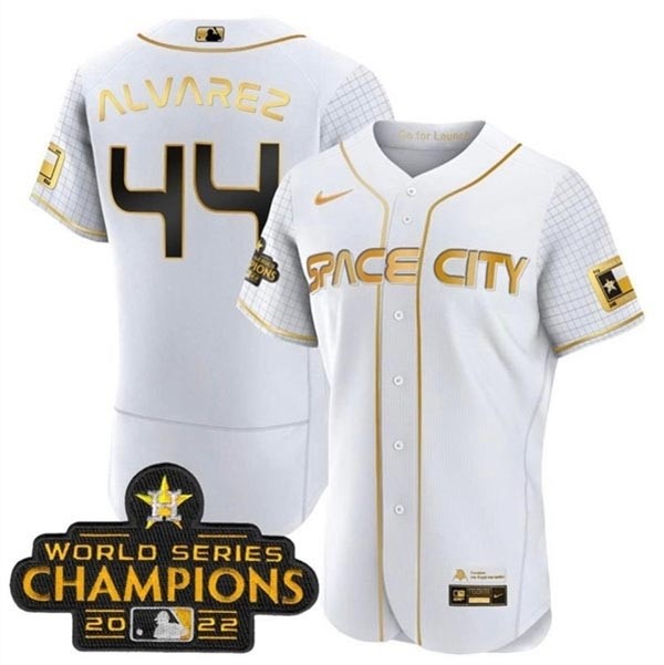 Men's Houston Astros #44 Yordan Alvarez White With 2022 World Serise Champions Patch Stitched Baseball Jersey