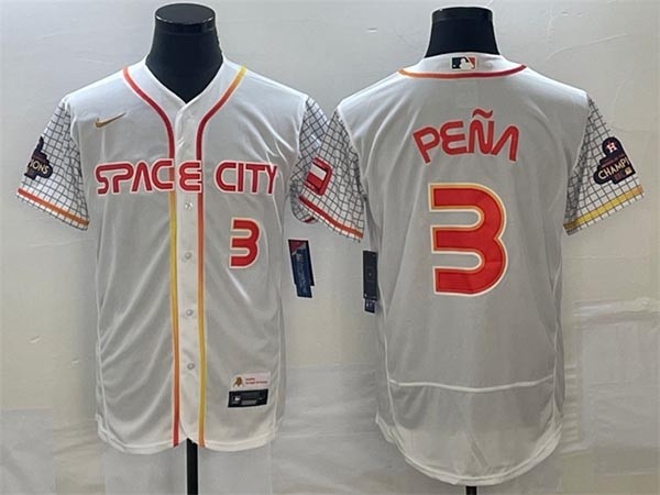 Men's Houston Astros #3 Jeremy Pea White With 2022 World Serise Champions Patch Stitched Baseball Jersey