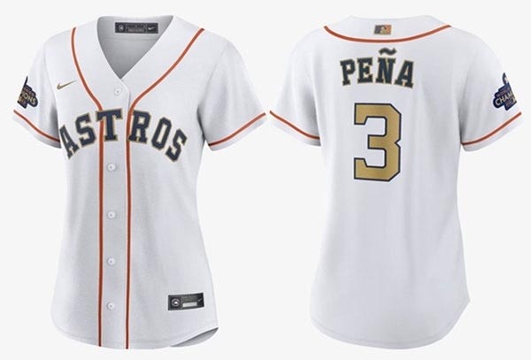 Women's Houston Astros #3 Jeremy Pena White 2023 Gold Collection With World Serise Champions Patch Stitched Jersey(Run Small)