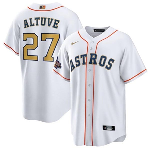 Youth Houston Astros #27 Jose Altuve White 2023 Gold Collection With World Serise Champions Patch Cool Base Stitched Baseball Jersey