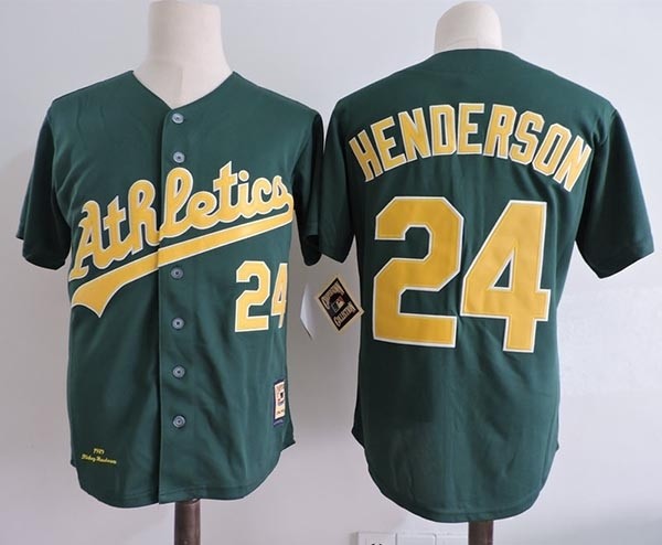 Men's Throwback Oakland Athletics #24 Rickey Henderson Green Cooperstown Collection MLB Jersey