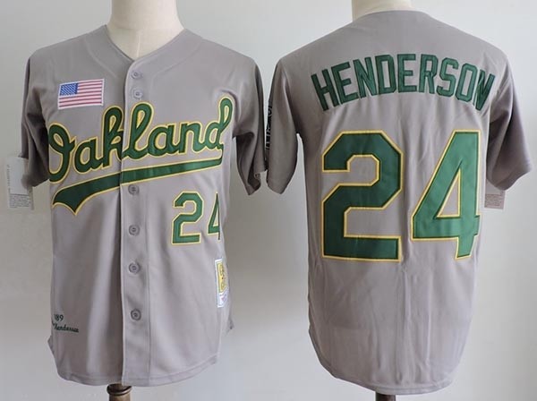 Men's Throwback Oakland Athletics #24 Rickey Henderson Grey 1989 Mitchell & Ness Jersey