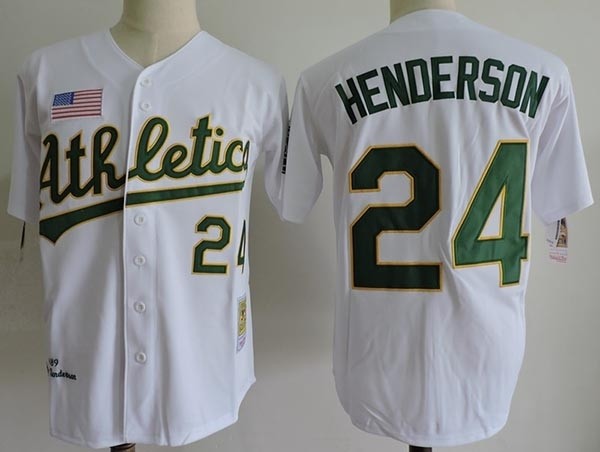 Men's Throwback Oakland Athletics #24 Rickey Henderson White 1989 Mitchell & Ness Jersey