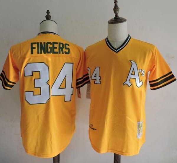 Men's Throwback Oakland Athletics #34 Rollie Fingers Yellow Cooperstown Collection MLB Jersey