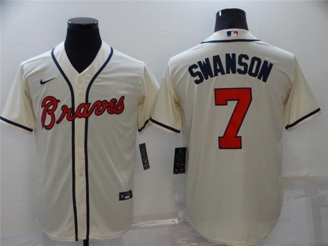 Atlanta Braves #7 Dansby Swanson Cream Cool Base Jersey