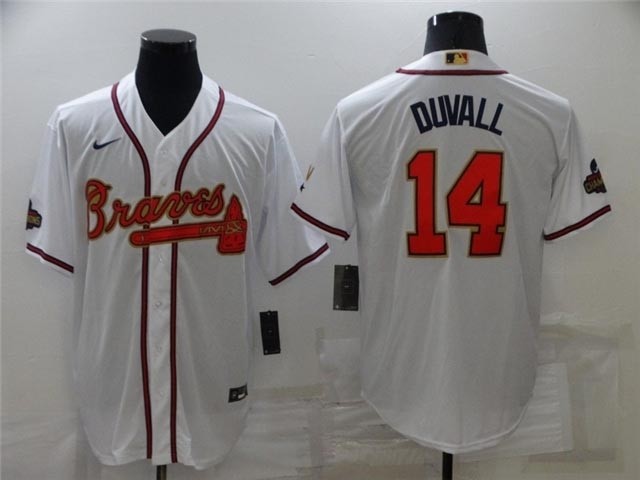 Atlanta Braves #14 Adam Duvall White 2022 Gold Program Cool Base Jersey