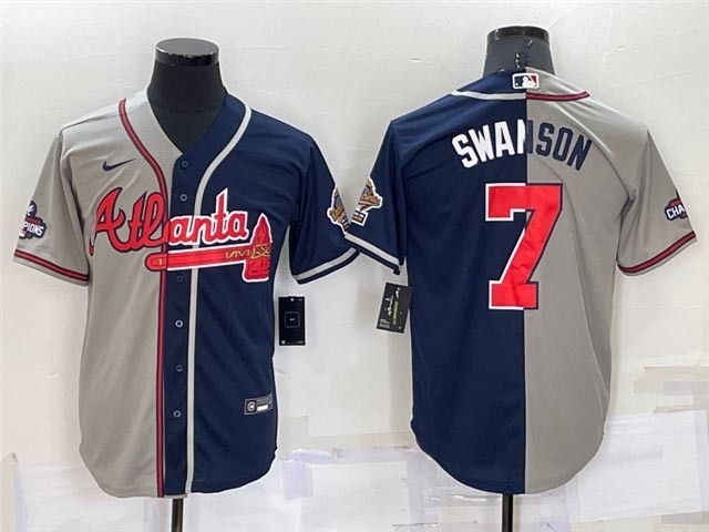 Atlanta Braves #7 Dansby Swanson Split Navy-Gray 1995-2021 World Series Champion Jersey