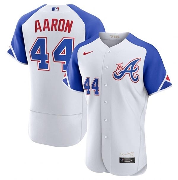 Men's Atlanta Braves #44 Hank Aaron White 2023 City Connect Flex Base Stitched Jersey