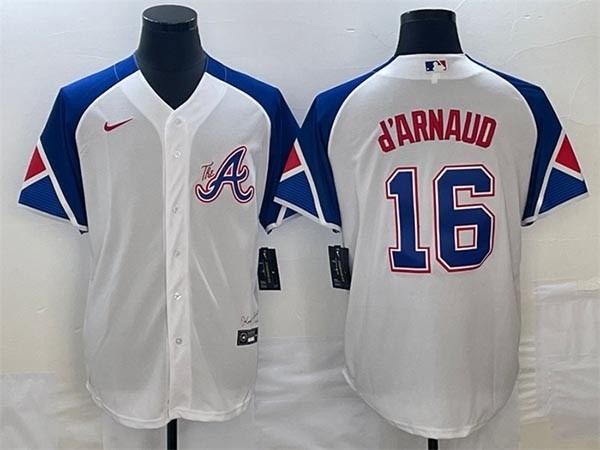 Men's Atlanta Braves #16 Travis D'Arnaud White 2023 City Connect Cool Base Stitched Baseball Jersey