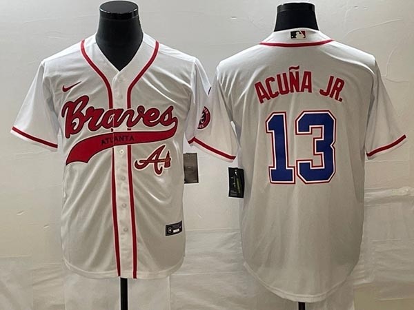 Men's Atlanta Braves #13 Ronald Acuna Jr. White Cool Base With Patch Stitched Baseball Jersey