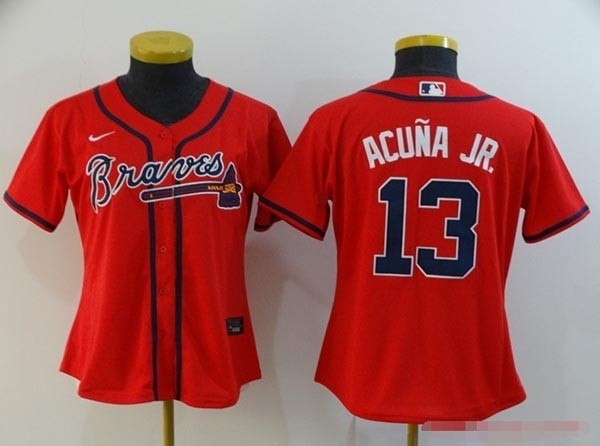 Women Atlanta Braves #13 Ronald Acuna Jr. Red 2020 Nike Cool Base Jersey