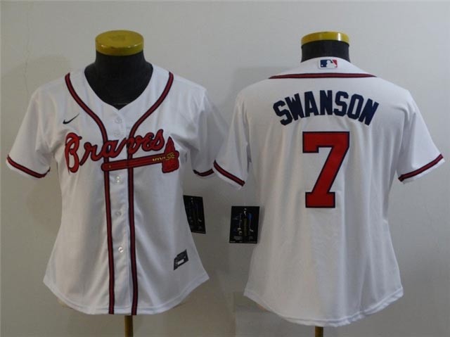 Women's Atlanta Braves #7 Dansby Swanson White Cool Base Jersey