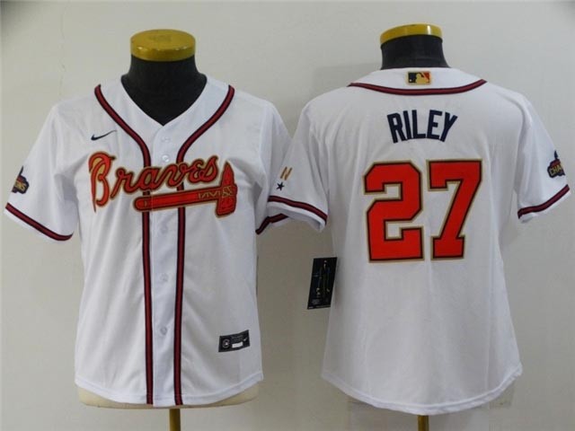 Women's Atlanta Braves #27 Austin Riley White 2022 Gold Program Cool Base Jersey