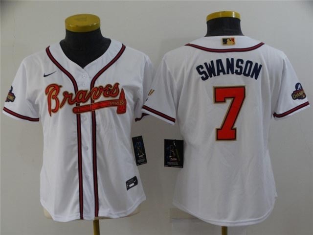 Women's Atlanta Braves #7 Dansby Swanson White 2022 Gold Program Cool Base Jersey