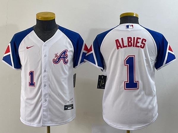 Women's Atlanta Braves #1 Ozzie Albies White 2023 City Connect With front Number Stitched Baseball Jersey(Run Small)