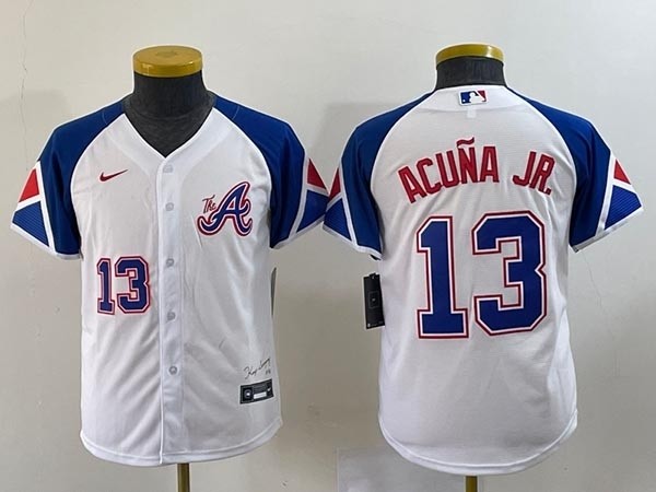 Women's Atlanta Braves #13 Ronald Acuna Jr. White 2023 City Connect With front Number Stitched Baseball Jersey(Run Small)