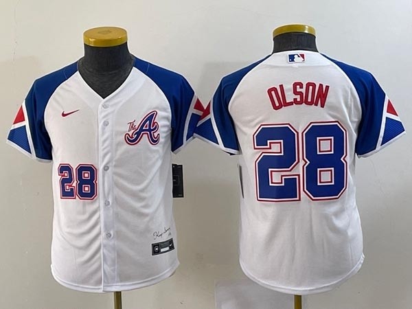 Women's Atlanta Braves #28 Matt Olson White 2023 City Connect With front Number Stitched Baseball Jersey(Run Small)