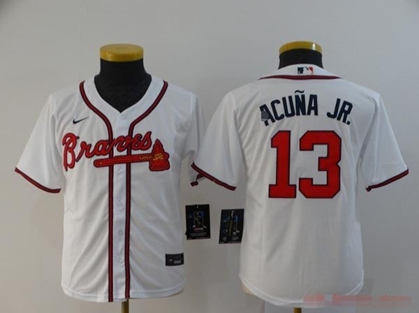 Youth Atlanta Braves #13 Ronald Acuna Jr. White 2020 Nike Cool Base Jersey