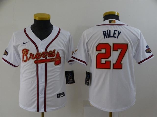 Youth Atlanta Braves #27 Austin Riley White 2022 Gold Program Cool Base Jersey