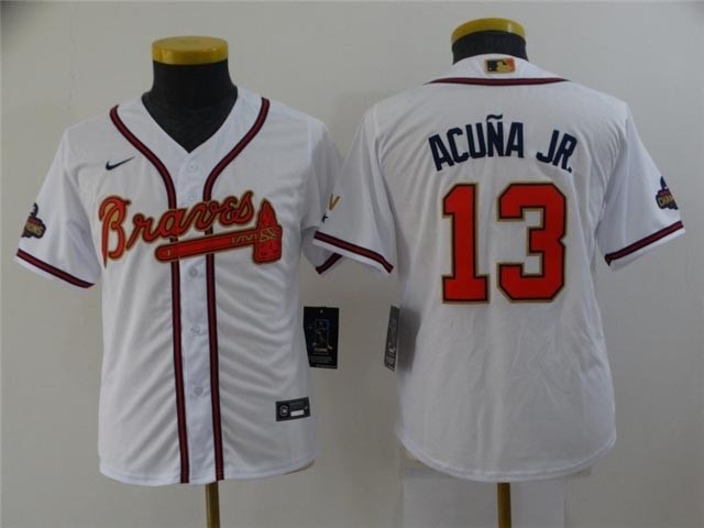 Youth Atlanta Braves #13 Ronald Acuna Jr. White 2022 Gold Program Cool Base Jersey