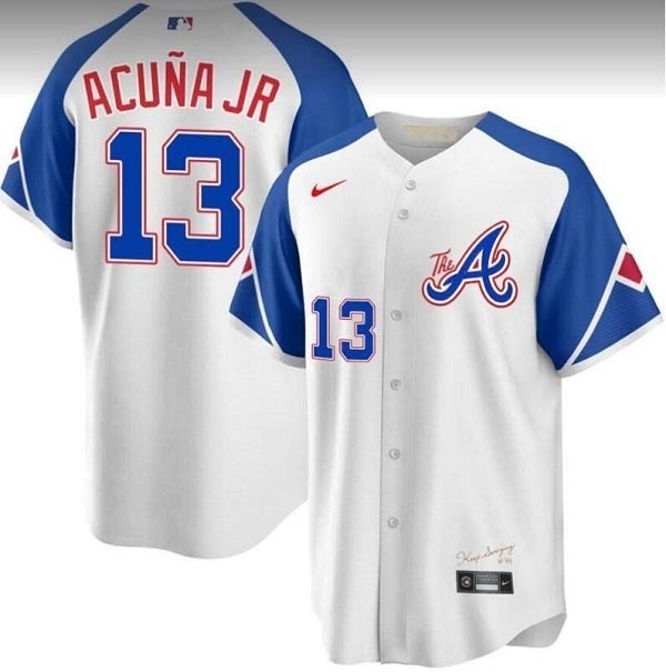 Youth Atlanta Braves #13 Ronald Acuna Jr. White 2023 City Connect With front Number Stitched Baseball Jersey