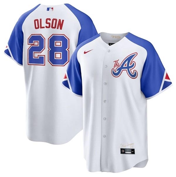 Youth Atlanta Braves #28 Matt Olson White 2023 City Connect Stitched Baseball Jersey