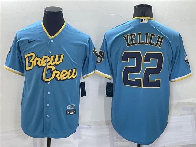 Milwaukee Brewers #22 Christian Yelich Powder Blue 2022 City Connect Cool Base Jersey