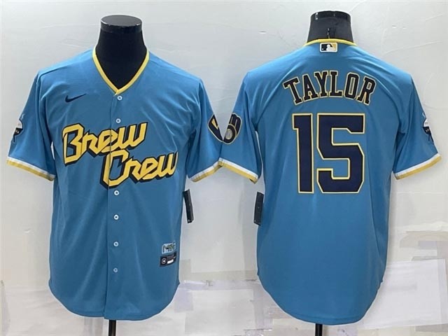 Men's Milwaukee Brewers #15 Tyrone Taylor Powder Blue 2022 City Connect Cool Base Jersey