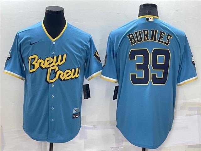 Men's Milwaukee Brewers #39 Corbin Burnes Powder Blue 2022 City Connect Cool Base Jersey