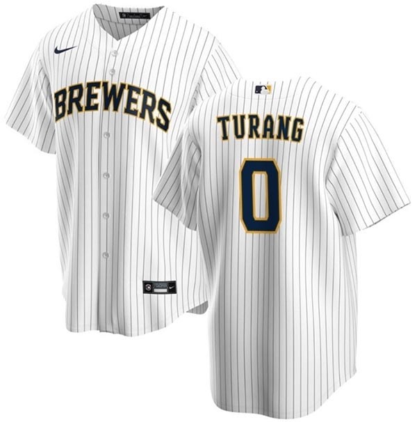 Men's Milwaukee Brewers #0 Brice Turang White Stripe Cool Base Stitched Jersey