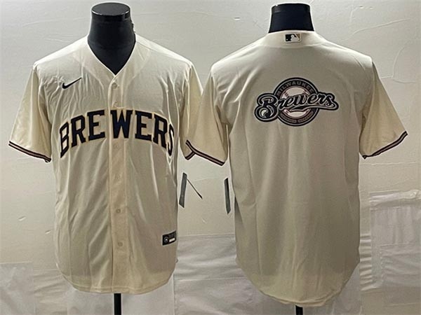 Men's Milwaukee Brewers Cream Team Big Logo Cool Base Stitched Jersey