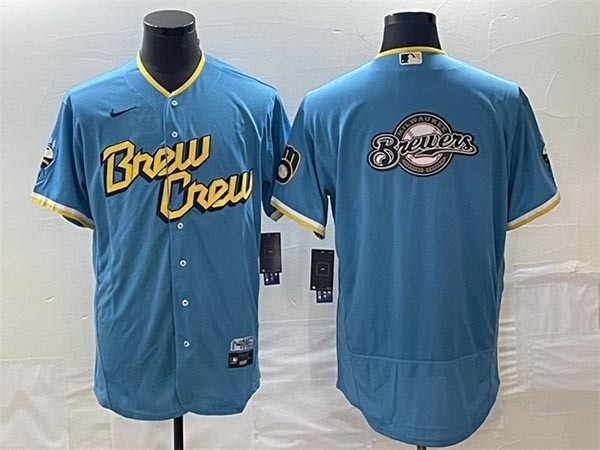 Men's Milwaukee Brewers Powder Blue Team Big Logo City Connect Flex Base Stitched Jersey