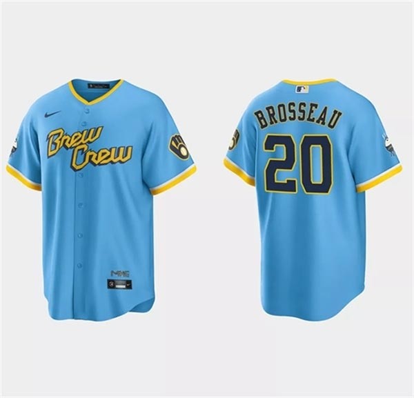 Men's Milwaukee Brewers #20 Mike Brosseau Powder Blue 2022 City Connect Cool Base Stitched Jersey