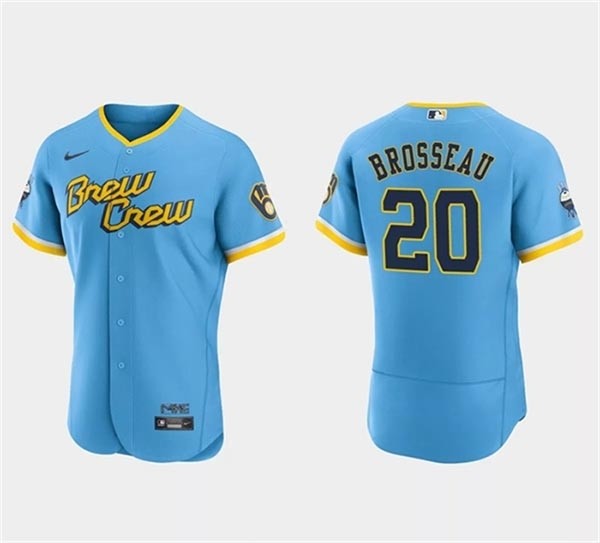 Men's Milwaukee Brewers #20 Mike Brosseau Powder Blue 2022 City Connect Flex Base Stitched Baseball Jersey