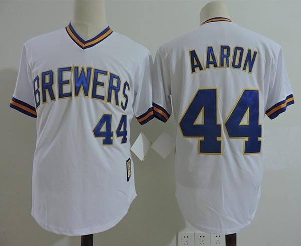 Men's Throwback Milwaukee Brewers #44 Hank Aaron White Cooperstown Collection MLB Jersey