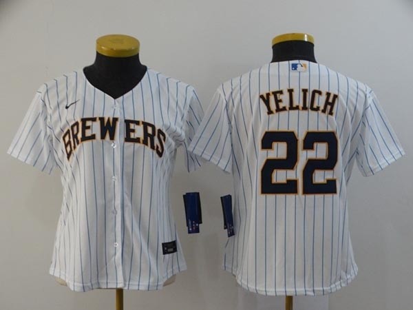 Women Milwaukee Brewers #22 Christian Yelich White Stripe 2020 Nike Cool Base Jersey